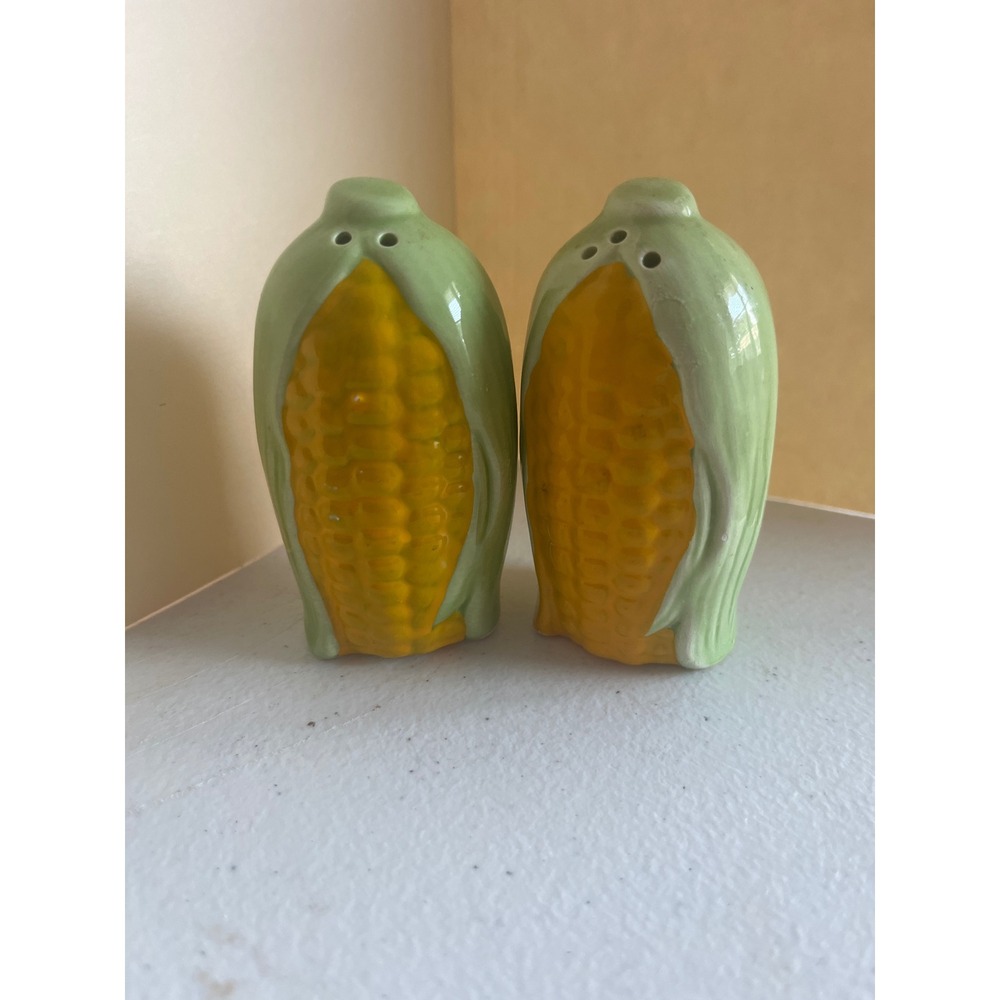 Vintage Ceramic Corn on the Cob Salt and Pepper Shakers Set Yellow Green Glossy